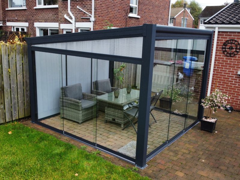 aluminium pergola with glass doors belfast